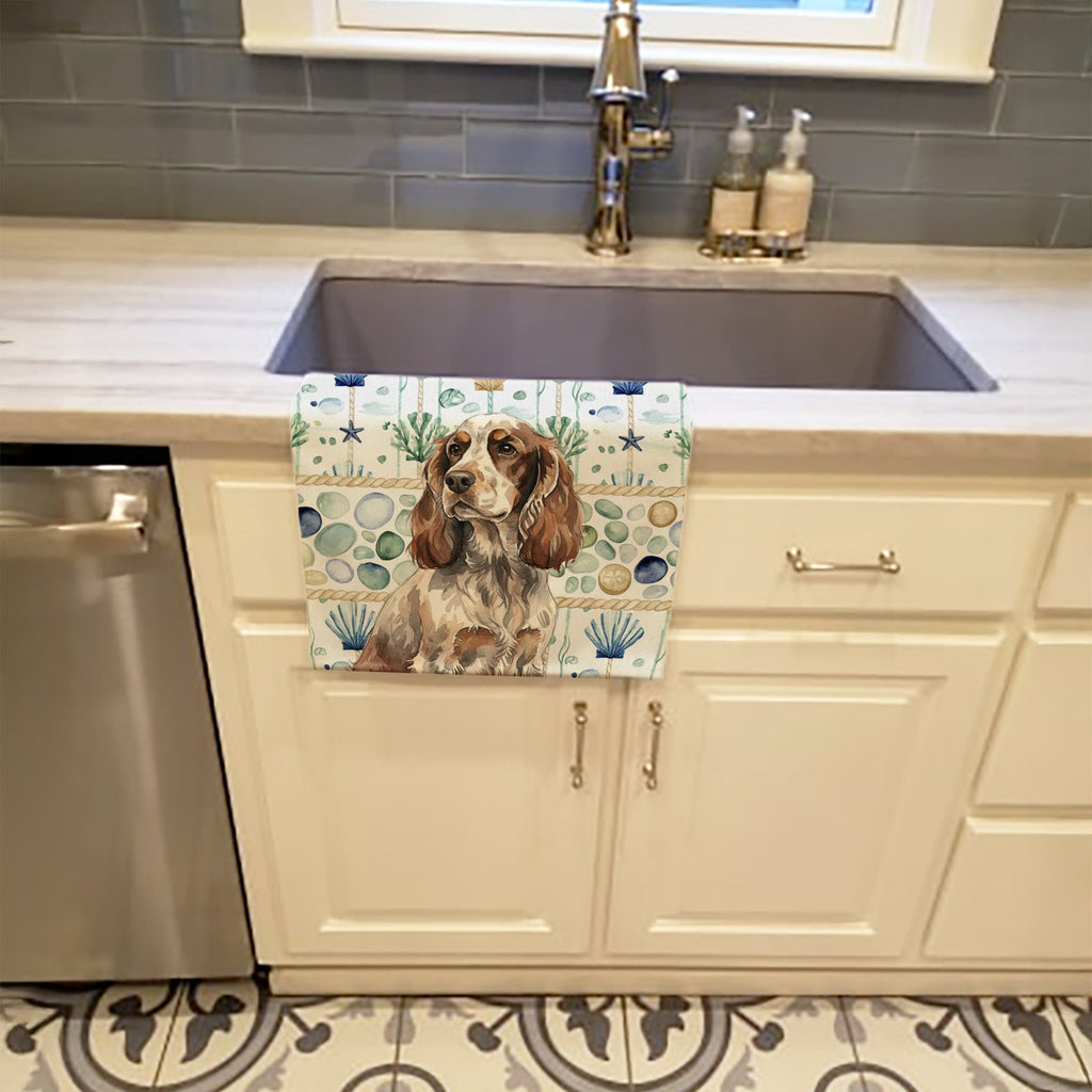 Liver Roan English Cocker Spaniel Coastal Sea Glass Kitchen Towel Velour Plush Front and Cotton Loop Back Machine Washable