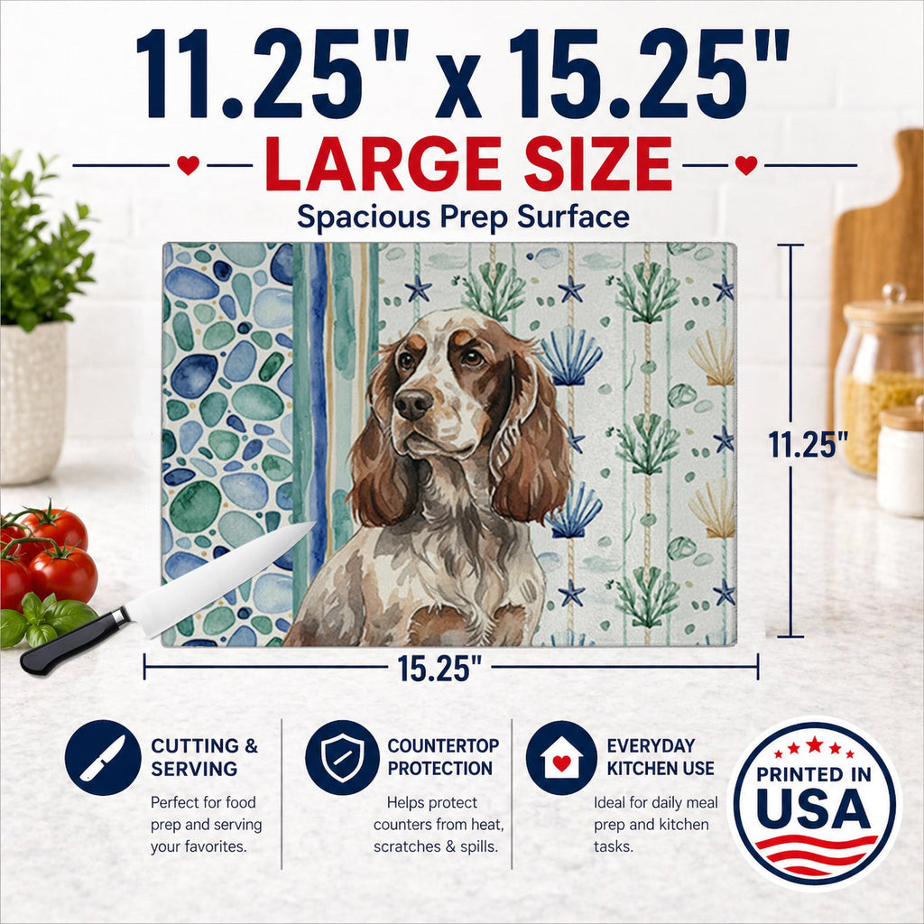 Liver Roan English Cocker Spaniel Coastal Sea Glass Cutting Board Tempered Glass Kitchen Cutting Surface, Heat Resistant Chopping, Non-Slip Feet, Food Prep & Serving