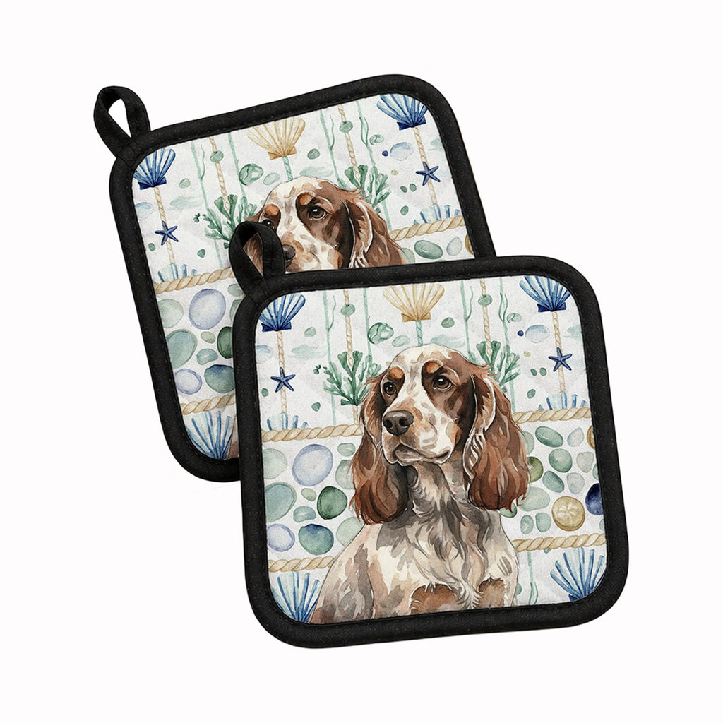 Liver Roan English Cocker Spaniel Coastal Sea Glass Pot Holder Set of 2 Heat Resistant Quilted Hot Pads 7.5 x 7.5 Inch, Insulated Kitchen Trivets for Cooking & Baking