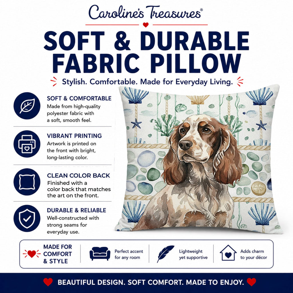 Liver Roan English Cocker Spaniel Coastal Sea Glass Decorative Throw Pillow 14x14 Indoor Outdoor Accent Cushion, Fabric Cover with Insert for Sofa, Bed, Porch & Living Room