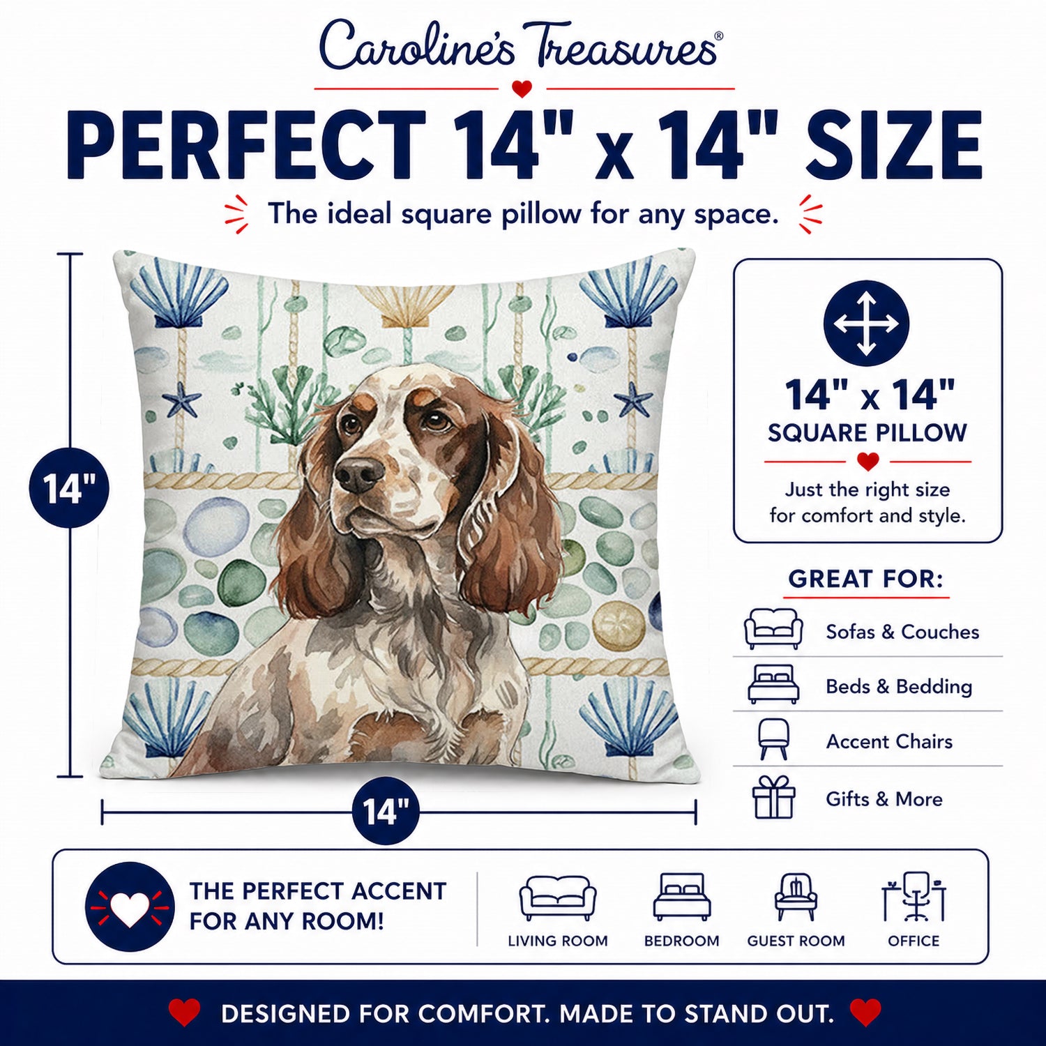 Liver Roan English Cocker Spaniel Coastal Sea Glass Decorative Throw Pillow 14x14 Indoor Outdoor Accent Cushion, Fabric Cover with Insert for Sofa, Bed, Porch & Living Room