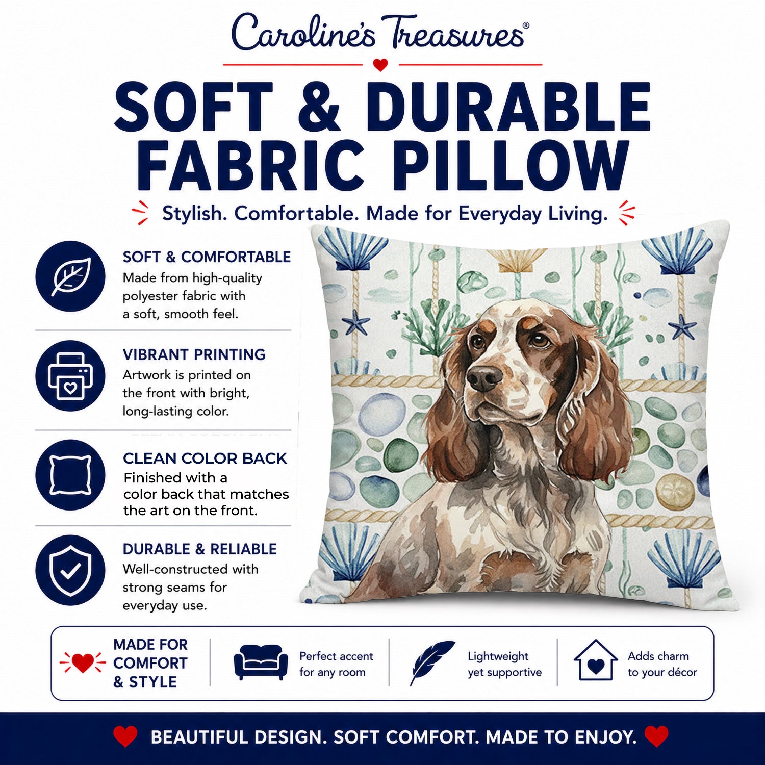 Liver Roan English Cocker Spaniel Coastal Sea Glass Decorative Throw Pillow 18x18 Indoor Outdoor Accent Cushion, Fabric Cover with Insert for Sofa, Bed, Porch & Living Room