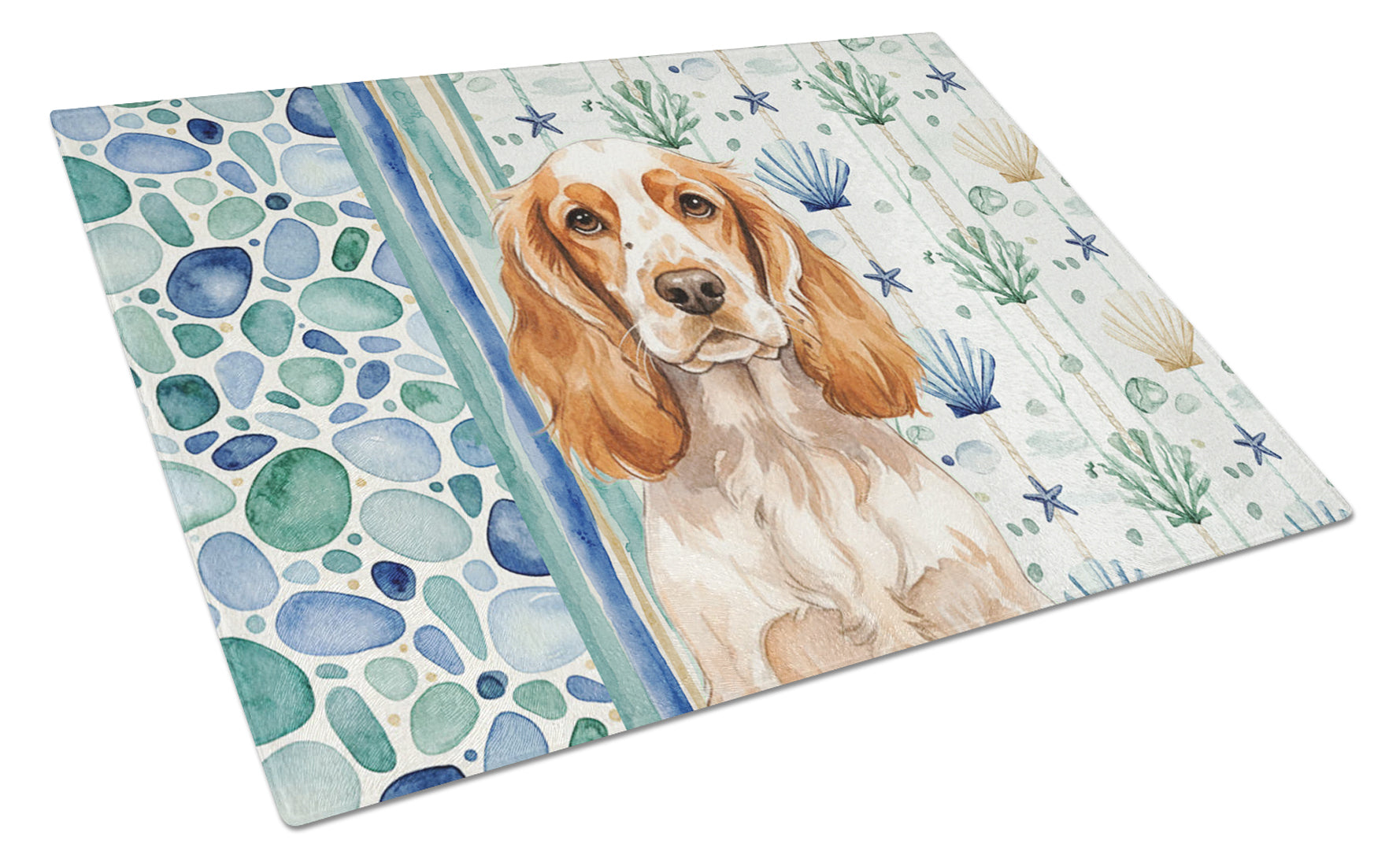 Orange Roan English Cocker Spaniel Coastal Sea Glass Cutting Board Tempered Glass Kitchen Cutting Surface, Heat Resistant Chopping, Non-Slip Feet, Food Prep & Serving