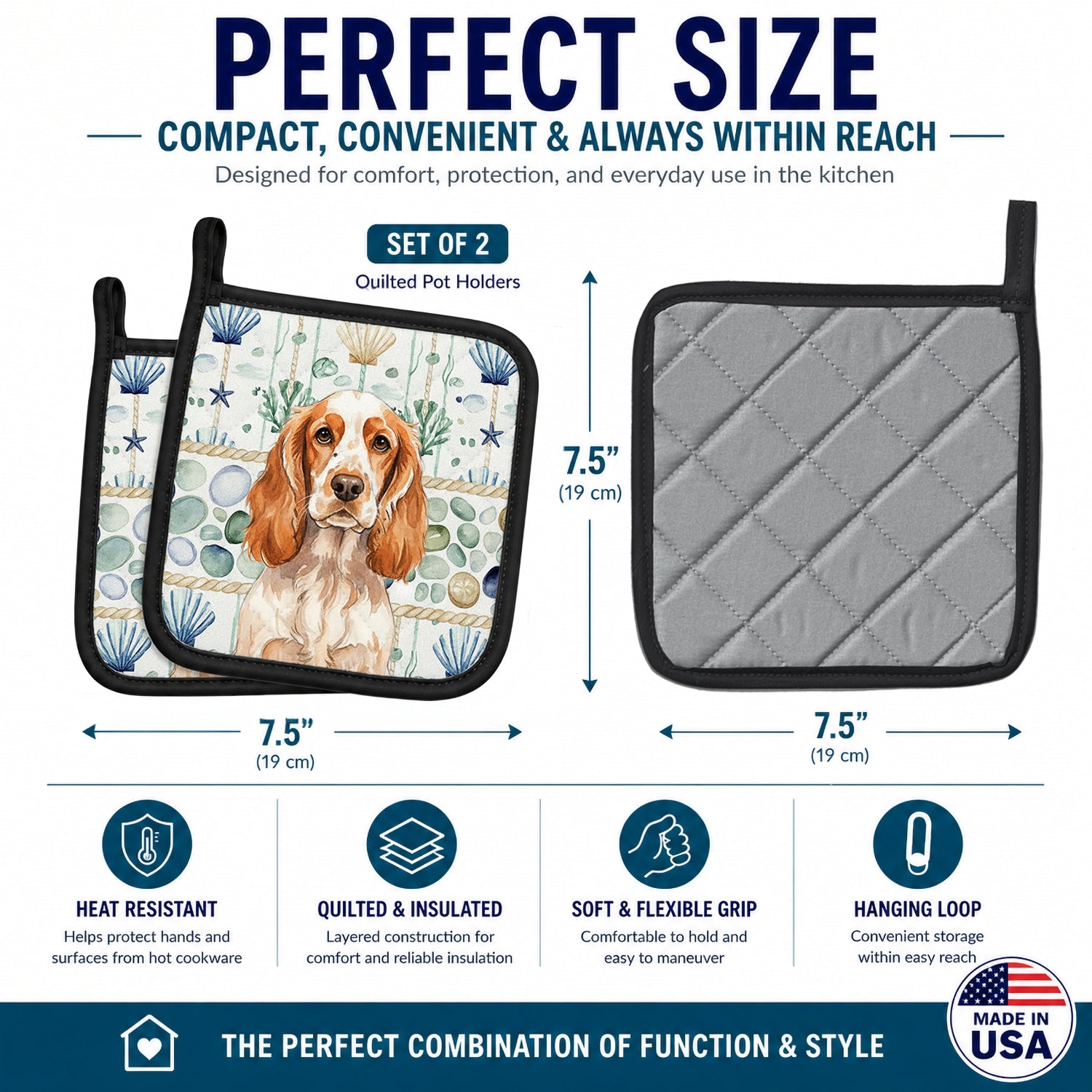 Orange Roan English Cocker Spaniel Coastal Sea Glass Pot Holder Set of 2 Heat Resistant Quilted Hot Pads 7.5 x 7.5 Inch, Insulated Kitchen Trivets for Cooking & Baking