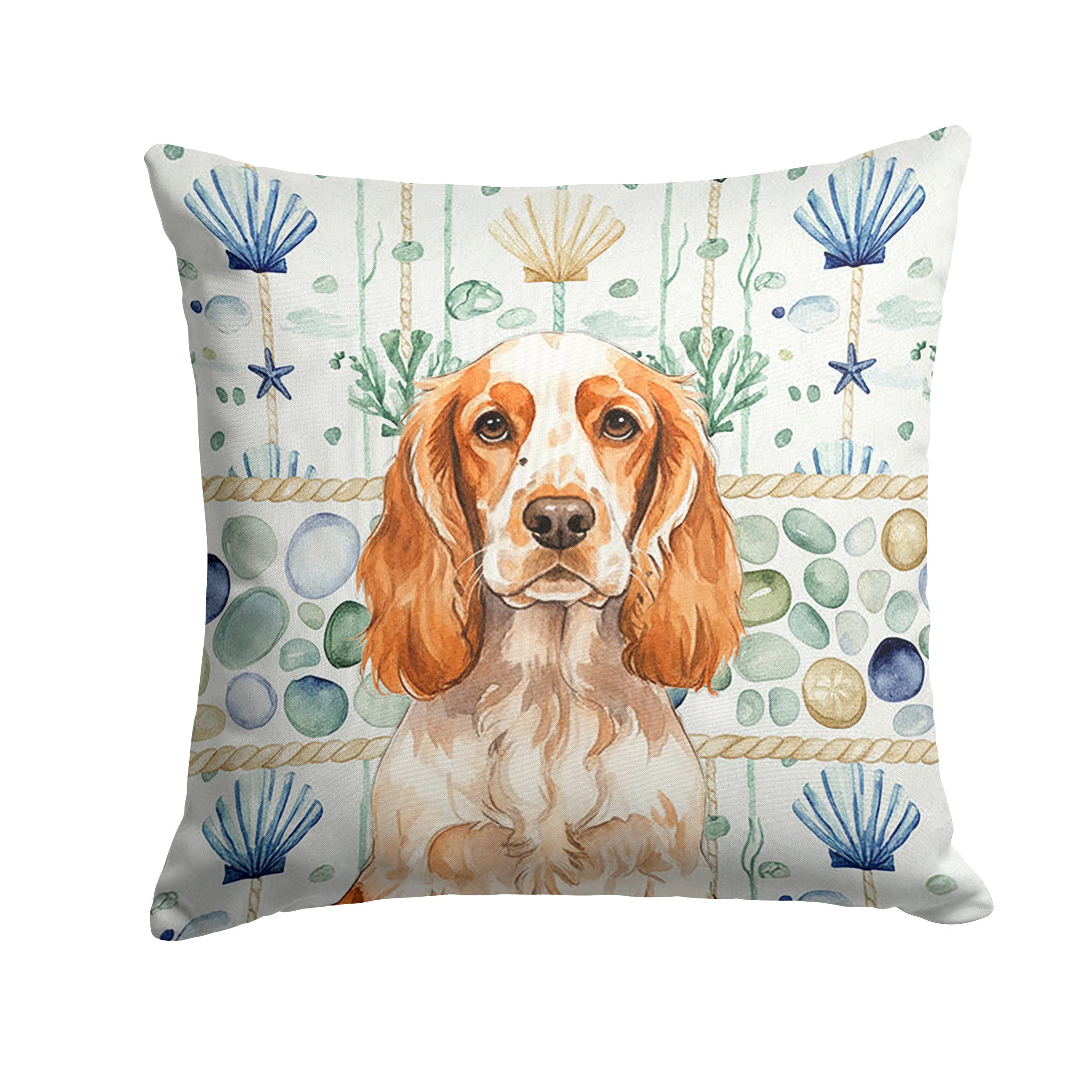 Orange Roan English Cocker Spaniel Coastal Sea Glass Decorative Throw Pillow 14x14 Indoor Outdoor Accent Cushion, Fabric Cover with Insert for Sofa, Bed, Porch & Living Room