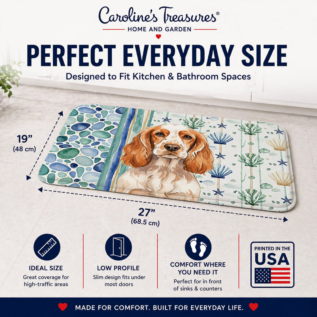 Orange Roan English Cocker Spaniel Coastal Sea Glass Memory Foam Kitchen Mat Machine Washable Anti-Fatigue Cushion Comfort Bath or Kitchen Rug