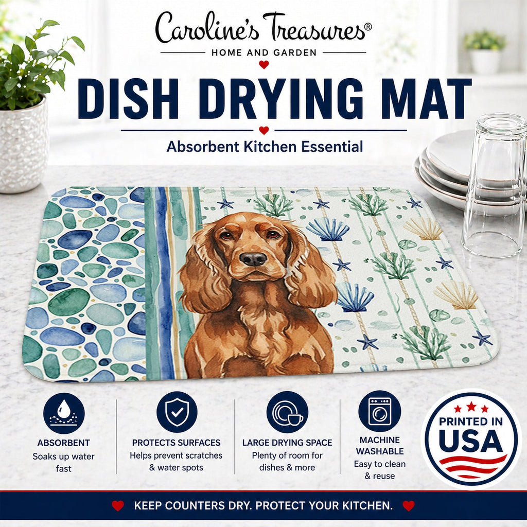 Red English Cocker Spaniel Coastal Sea Glass Dish Drying Mat Absorbent Dish Drying Mat Pad for Kitchen Counter Dish Drainer Mat for Countertop, 14 x 21", Multicolor