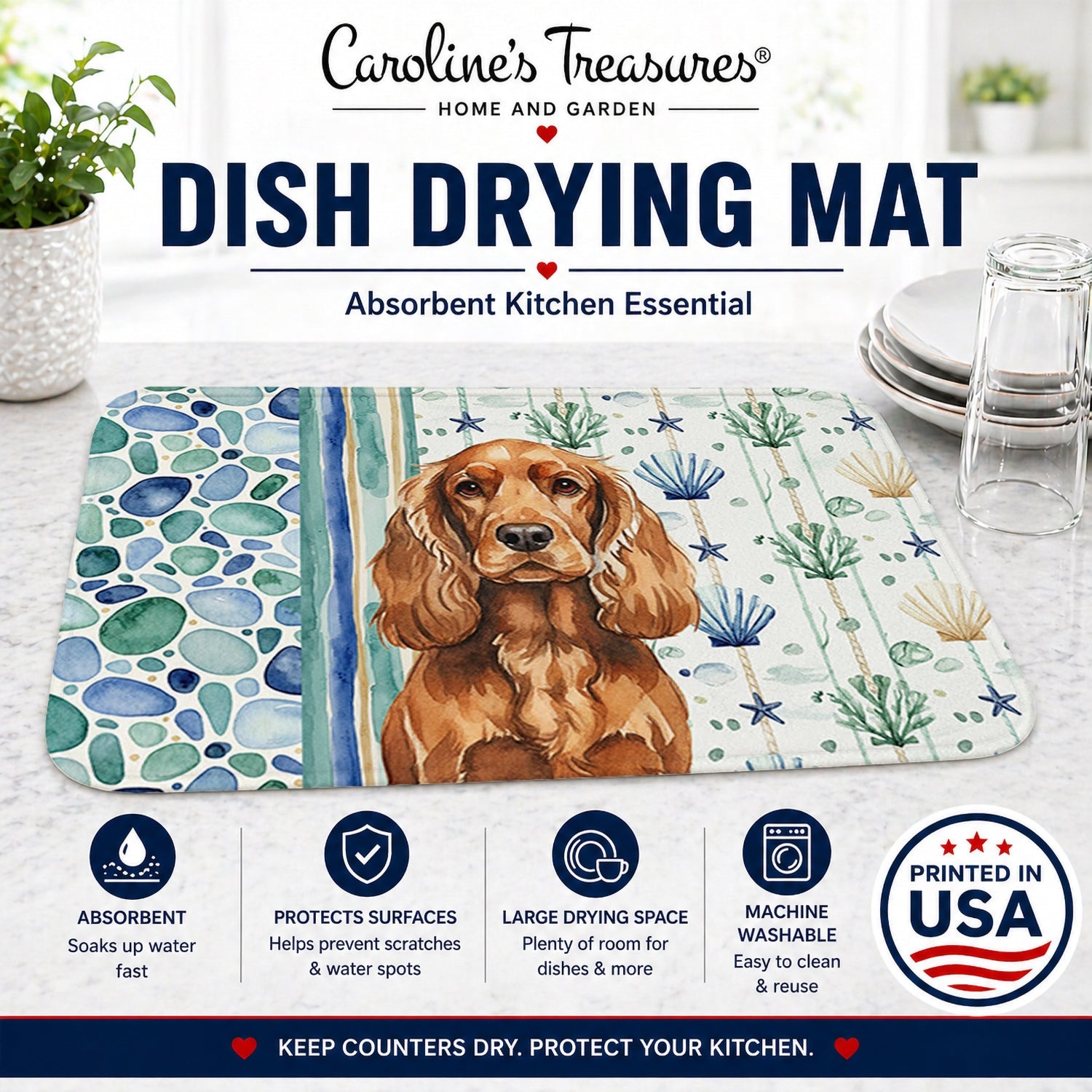 Red English Cocker Spaniel Coastal Sea Glass Dish Drying Mat Absorbent Dish Drying Mat Pad for Kitchen Counter Dish Drainer Mat for Countertop, 14 x 21", Multicolor