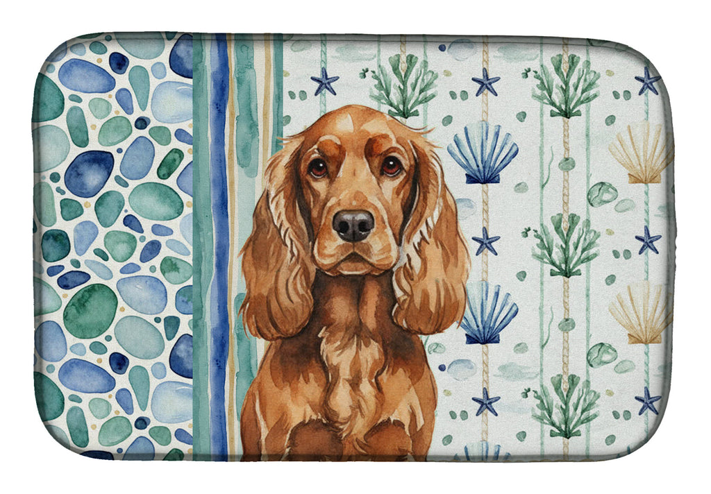 Red English Cocker Spaniel Coastal Sea Glass Dish Drying Mat Absorbent Dish Drying Mat Pad for Kitchen Counter Dish Drainer Mat for Countertop, 14 x 21", Multicolor