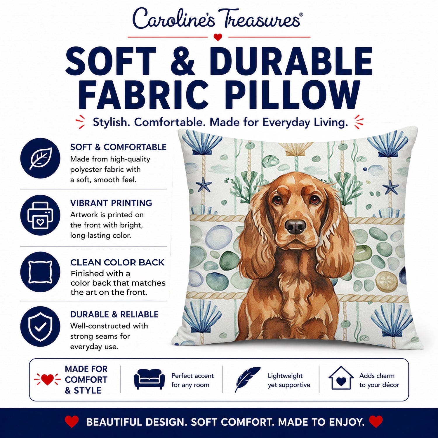 Red English Cocker Spaniel Coastal Sea Glass Decorative Throw Pillow 18x18 Indoor Outdoor Accent Cushion, Fabric Cover with Insert for Sofa, Bed, Porch & Living Room
