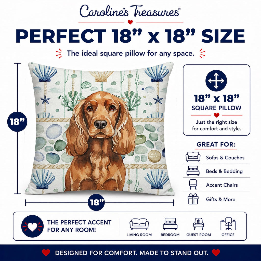 Red English Cocker Spaniel Coastal Sea Glass Decorative Throw Pillow 18x18 Indoor Outdoor Accent Cushion, Fabric Cover with Insert for Sofa, Bed, Porch & Living Room
