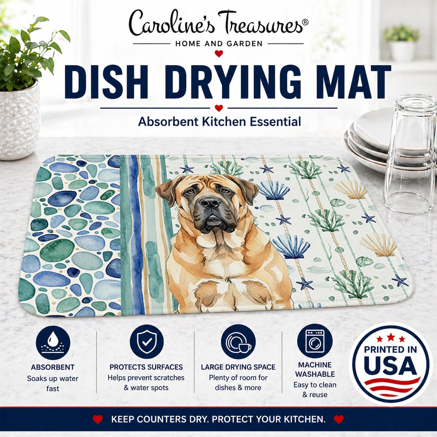 Apricot English Mastiff Coastal Sea Glass Dish Drying Mat Absorbent Dish Drying Mat Pad for Kitchen Counter Dish Drainer Mat for Countertop, 14 x 21", Multicolor