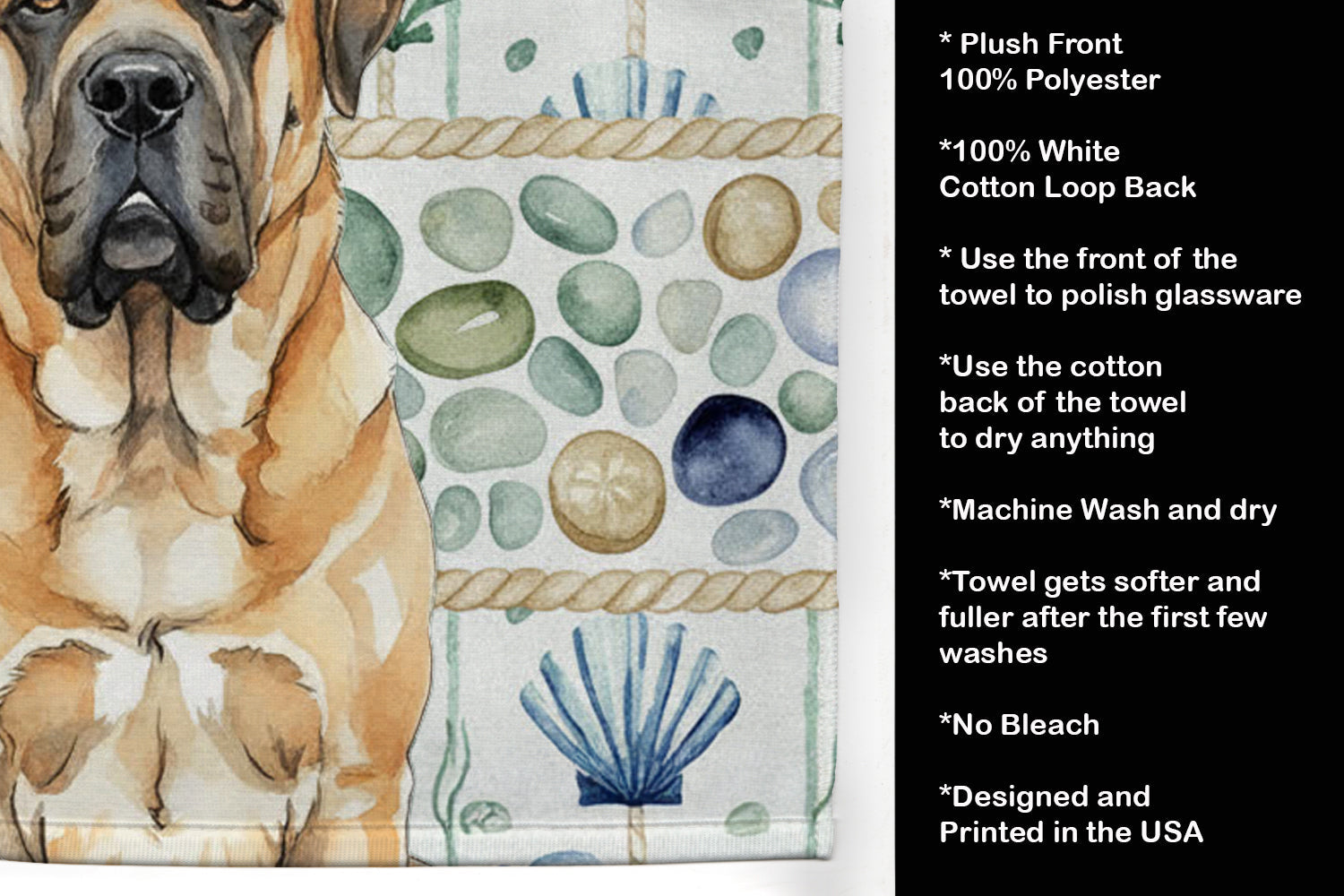Apricot English Mastiff Coastal Sea Glass Kitchen Towel Velour Plush Front and Cotton Loop Back Machine Washable
