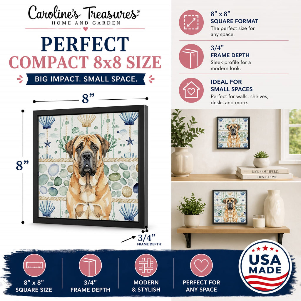 Apricot English Mastiff Coastal Sea Glass Framed Metal Print Bathroom, Kitchen, Office, Home Decor Wall Art Ready to Hang, Square, 8X8