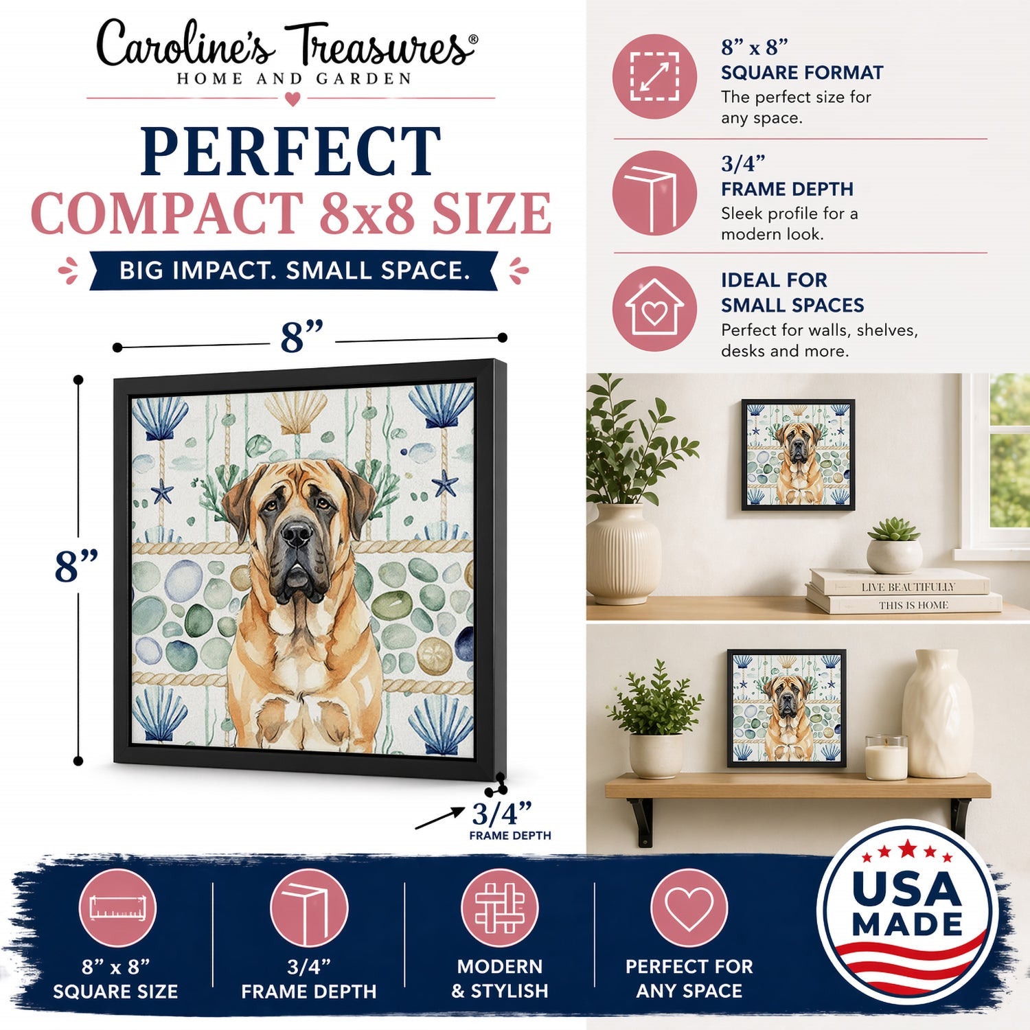 Apricot English Mastiff Coastal Sea Glass Framed Metal Print Bathroom, Kitchen, Office, Home Decor Wall Art Ready to Hang, Square, 8X8