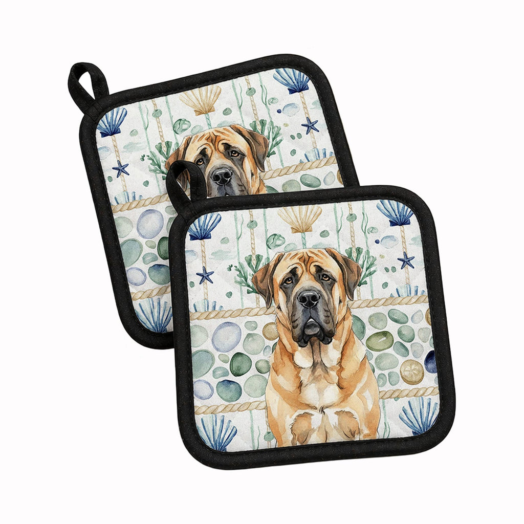 Apricot English Mastiff Coastal Sea Glass Pot Holder Set of 2 Heat Resistant Quilted Hot Pads 7.5 x 7.5 Inch, Insulated Kitchen Trivets for Cooking & Baking