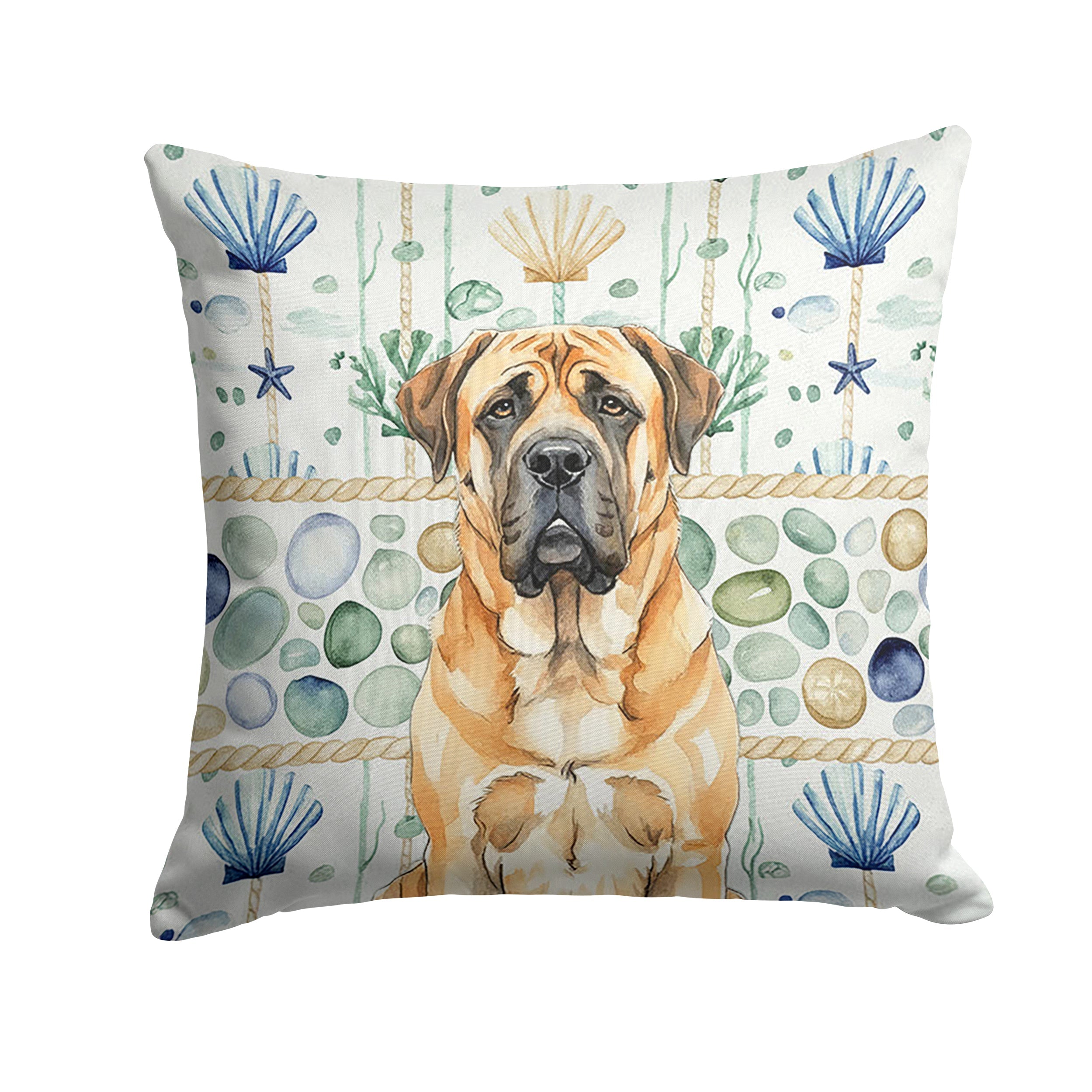 Apricot English Mastiff Coastal Sea Glass Decorative Throw Pillow 14x14 Indoor Outdoor Accent Cushion, Fabric Cover with Insert for Sofa, Bed, Porch & Living Room