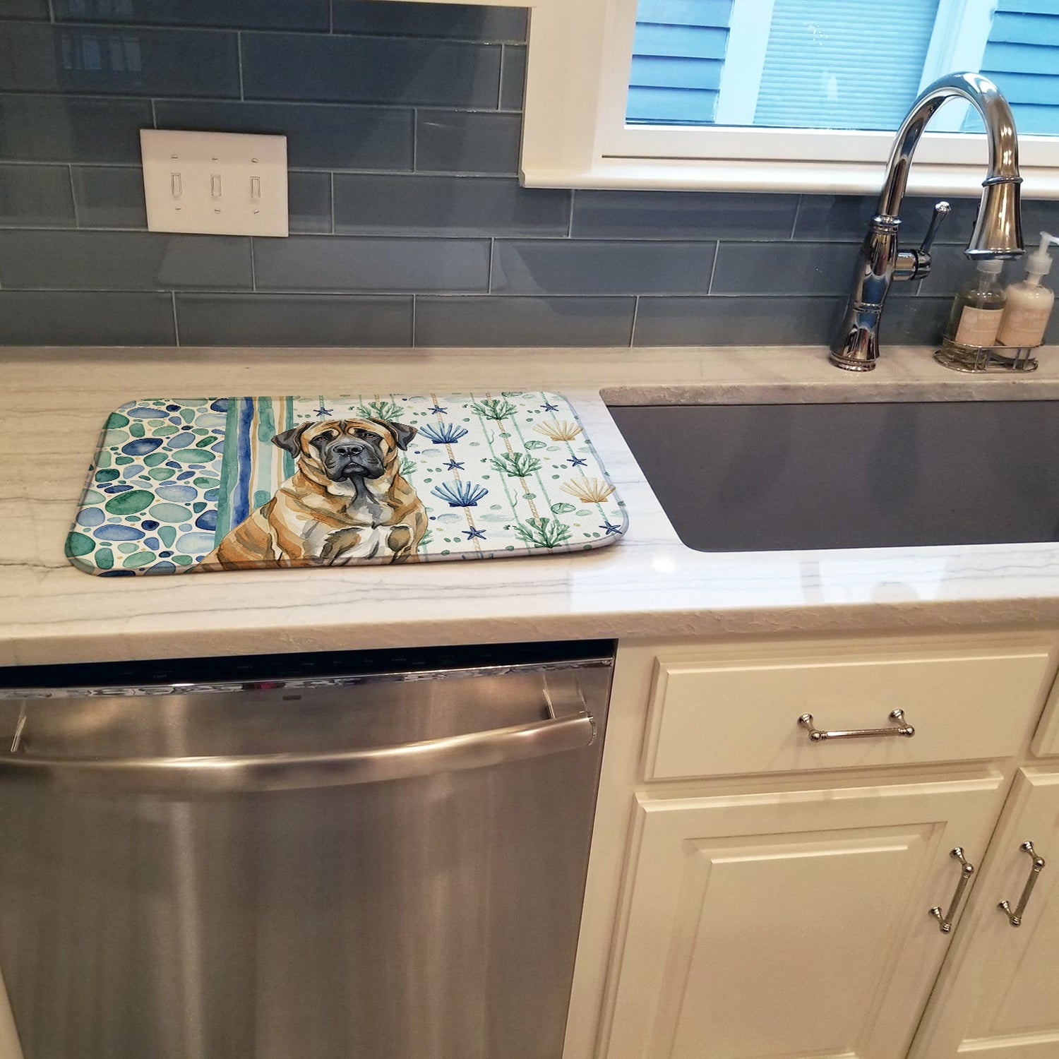 Brindle English Mastiff Coastal Sea Glass Dish Drying Mat Absorbent Dish Drying Mat Pad for Kitchen Counter Dish Drainer Mat for Countertop, 14 x 21", Multicolor