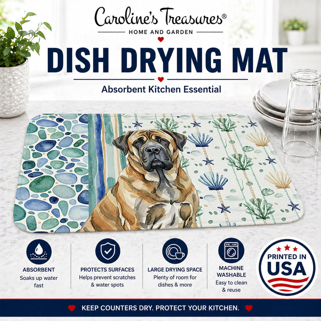 Brindle English Mastiff Coastal Sea Glass Dish Drying Mat Absorbent Dish Drying Mat Pad for Kitchen Counter Dish Drainer Mat for Countertop, 14 x 21", Multicolor