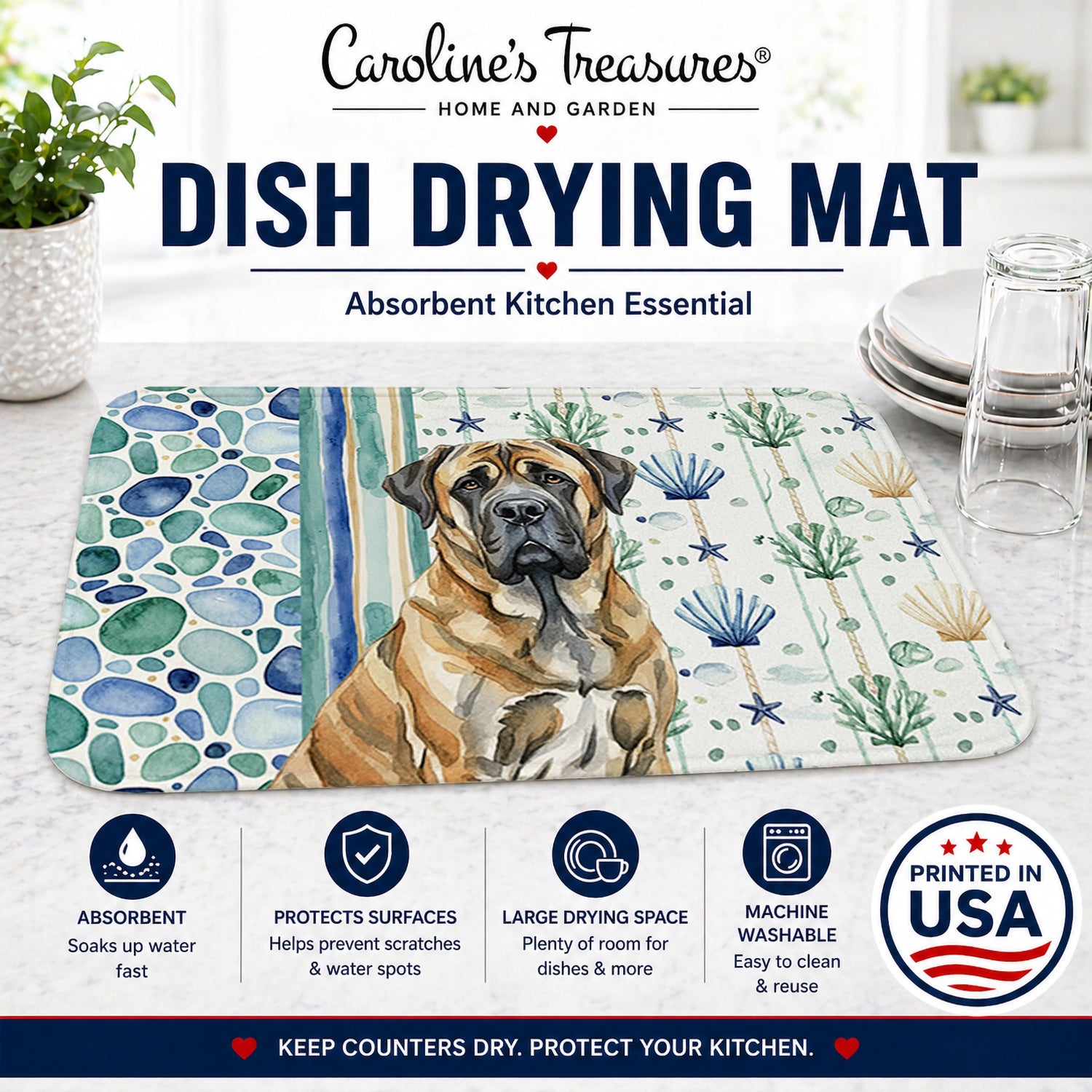 Brindle English Mastiff Coastal Sea Glass Dish Drying Mat Absorbent Dish Drying Mat Pad for Kitchen Counter Dish Drainer Mat for Countertop, 14 x 21", Multicolor