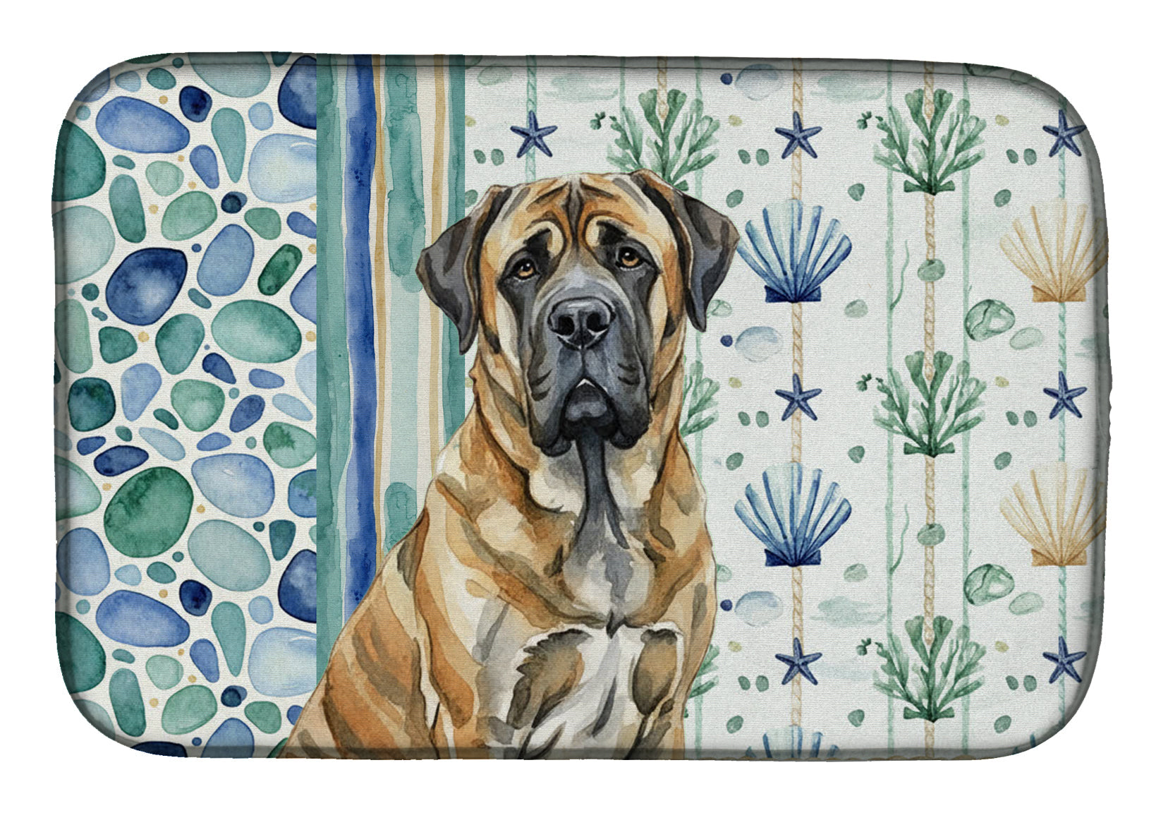 Brindle English Mastiff Coastal Sea Glass Dish Drying Mat Absorbent Dish Drying Mat Pad for Kitchen Counter Dish Drainer Mat for Countertop, 14 x 21", Multicolor