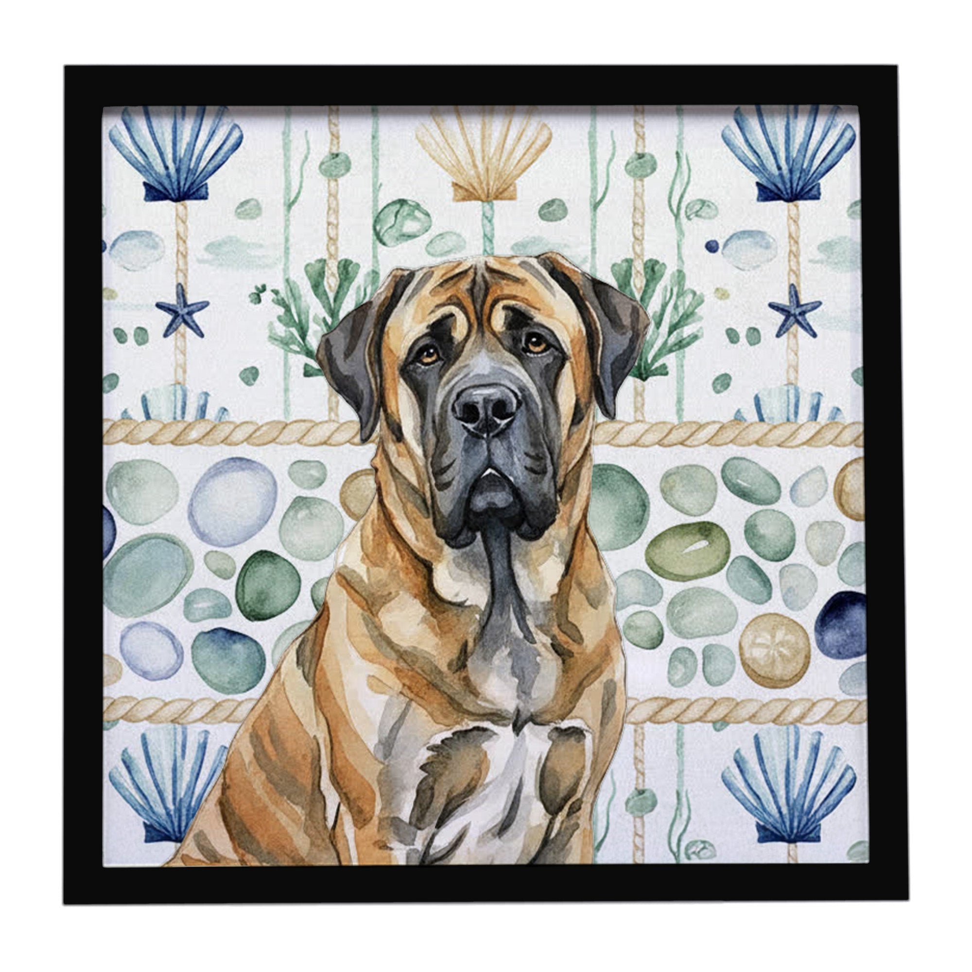 Brindle English Mastiff Coastal Sea Glass Framed Metal Print Bathroom, Kitchen, Office, Home Decor Wall Art Ready to Hang, Square, 8X8