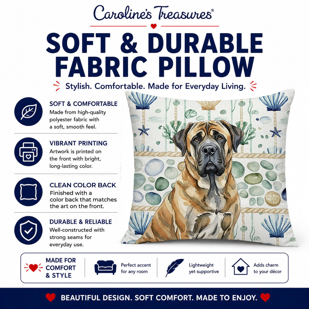 Brindle English Mastiff Coastal Sea Glass Decorative Throw Pillow 14x14 Indoor Outdoor Accent Cushion, Fabric Cover with Insert for Sofa, Bed, Porch & Living Room