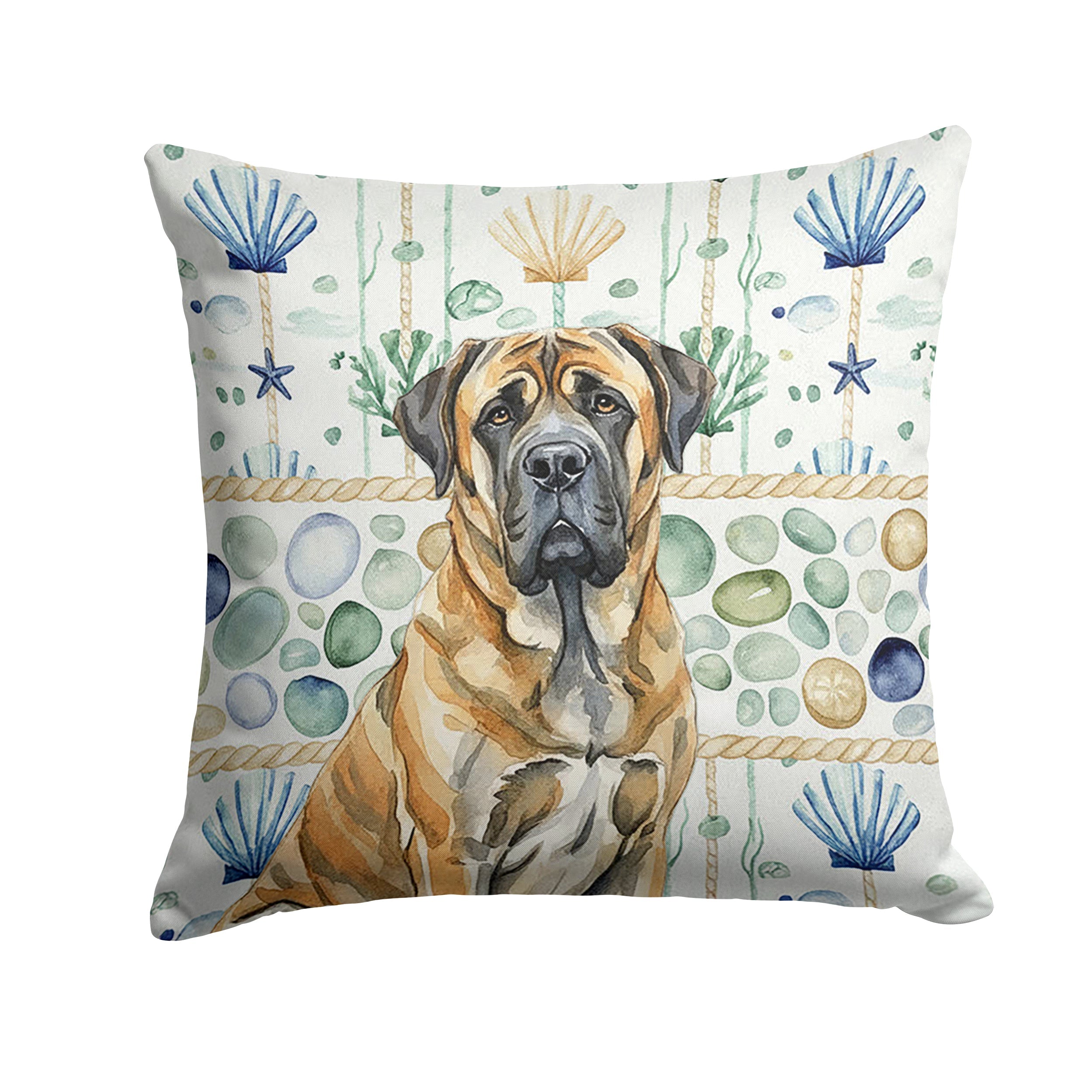 Brindle English Mastiff Coastal Sea Glass Decorative Throw Pillow 14x14 Indoor Outdoor Accent Cushion, Fabric Cover with Insert for Sofa, Bed, Porch & Living Room
