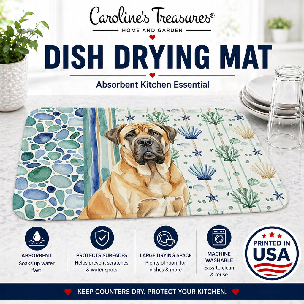 Fawn English Mastiff Coastal Sea Glass Dish Drying Mat Absorbent Dish Drying Mat Pad for Kitchen Counter Dish Drainer Mat for Countertop, 14 x 21", Multicolor