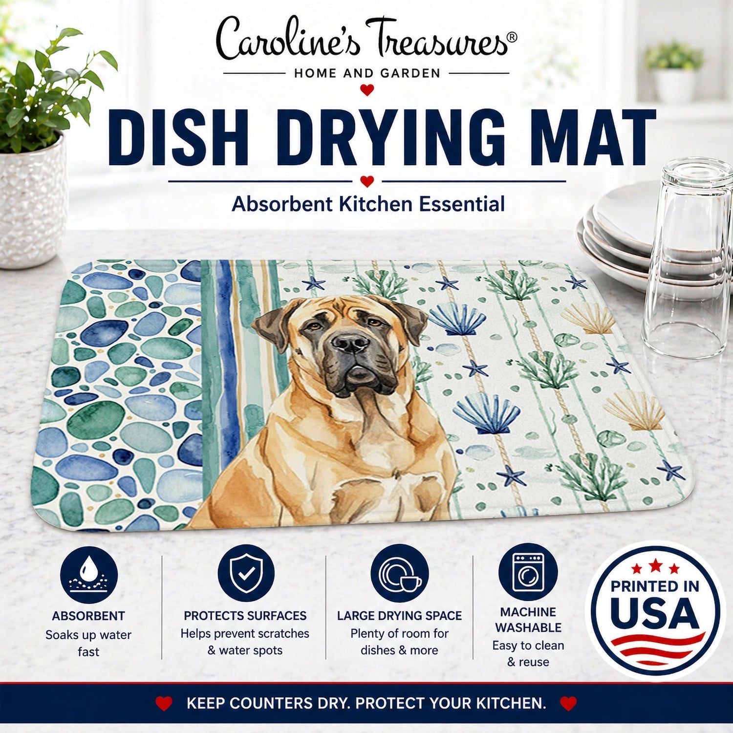 Fawn English Mastiff Coastal Sea Glass Dish Drying Mat Absorbent Dish Drying Mat Pad for Kitchen Counter Dish Drainer Mat for Countertop, 14 x 21", Multicolor