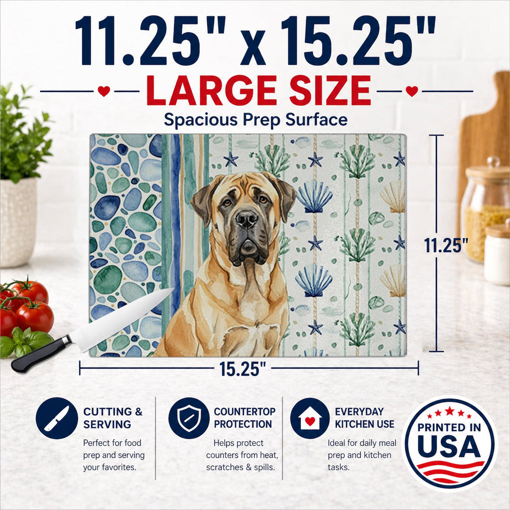 Fawn English Mastiff Coastal Sea Glass Cutting Board Tempered Glass Kitchen Cutting Surface, Heat Resistant Chopping, Non-Slip Feet, Food Prep & Serving