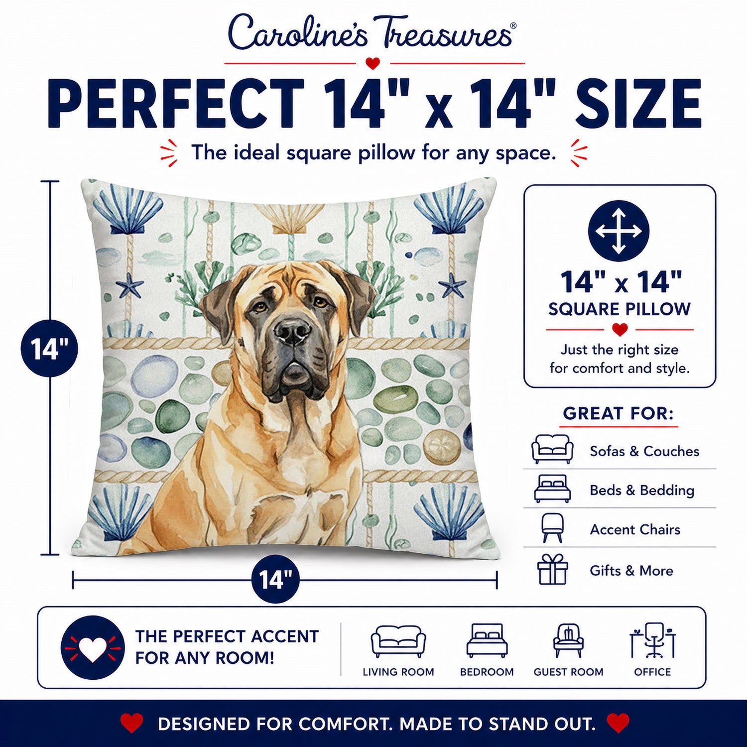 Fawn English Mastiff Coastal Sea Glass Decorative Throw Pillow 14x14 Indoor Outdoor Accent Cushion, Fabric Cover with Insert for Sofa, Bed, Porch & Living Room