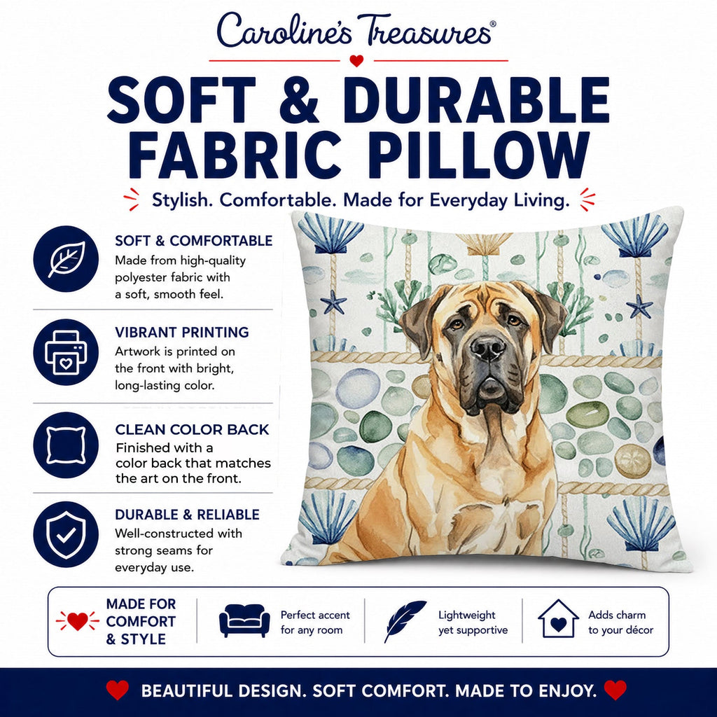 Fawn English Mastiff Coastal Sea Glass Decorative Throw Pillow 18x18 Indoor Outdoor Accent Cushion, Fabric Cover with Insert for Sofa, Bed, Porch & Living Room