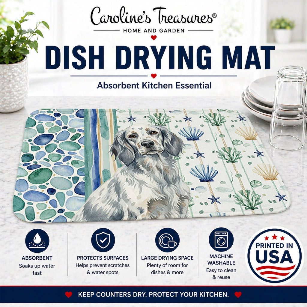 Blue Belton English Setter Coastal Sea Glass Dish Drying Mat Absorbent Dish Drying Mat Pad for Kitchen Counter Dish Drainer Mat for Countertop, 14 x 21", Multicolor