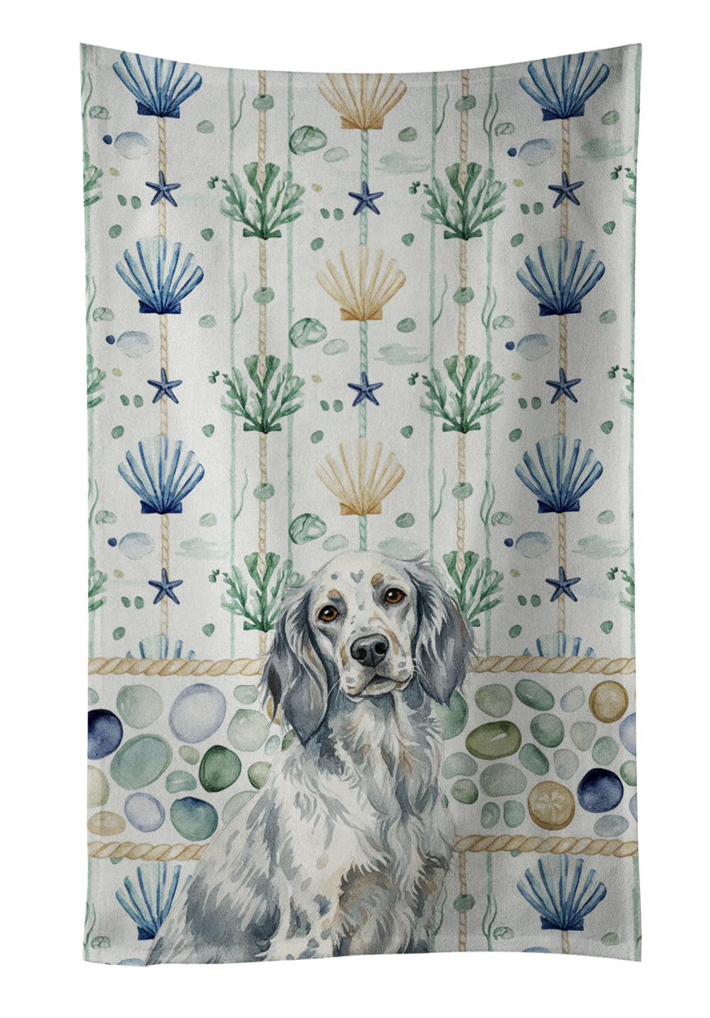 Blue Belton English Setter Coastal Sea Glass Kitchen Towel Velour Plush Front and Cotton Loop Back Machine Washable