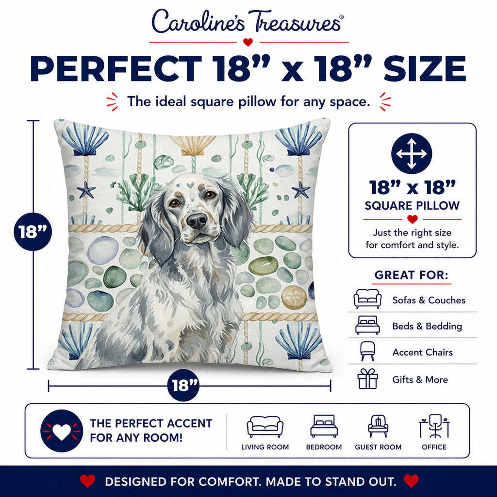Blue Belton English Setter Coastal Sea Glass Decorative Throw Pillow 18x18 Indoor Outdoor Accent Cushion, Fabric Cover with Insert for Sofa, Bed, Porch & Living Room