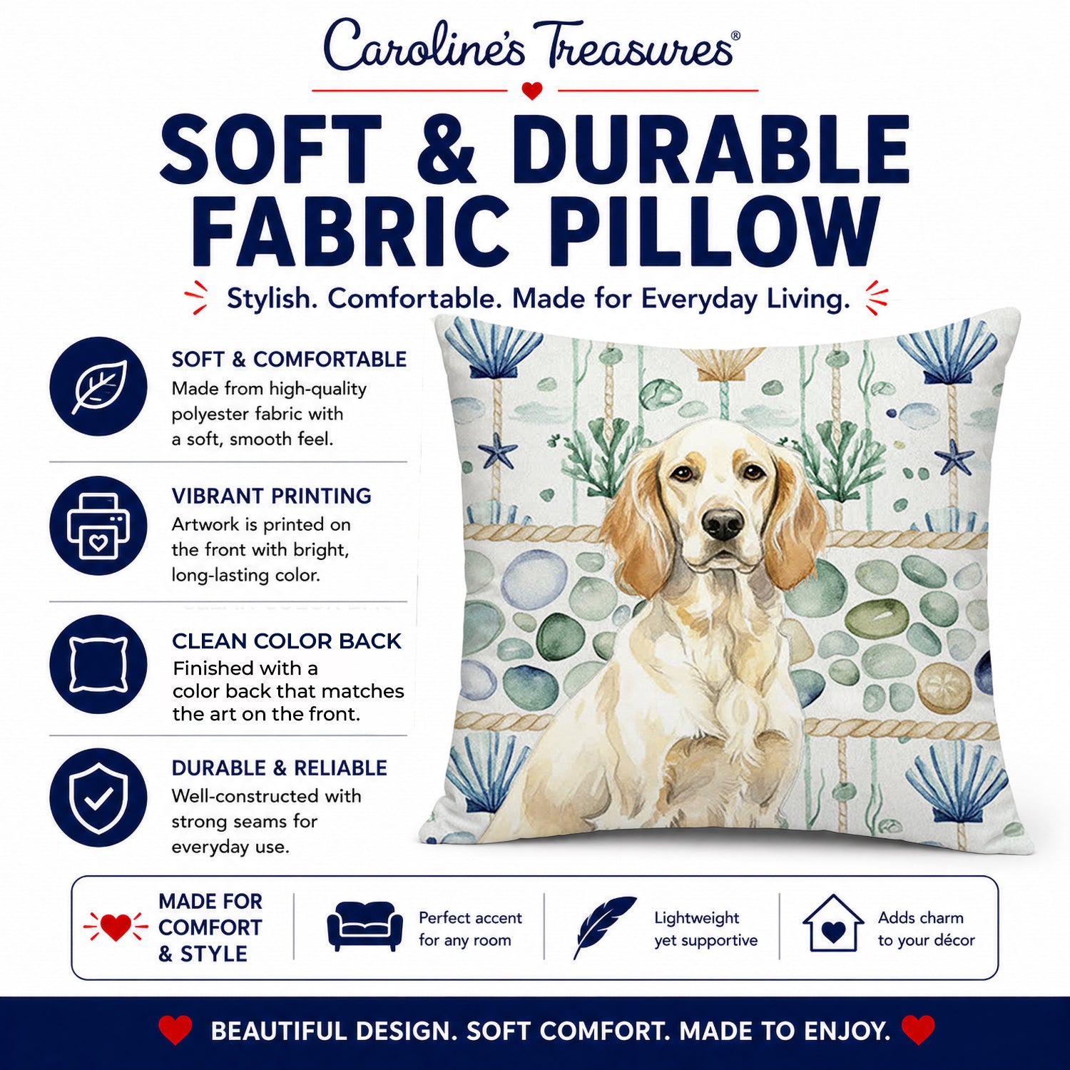 Lemon Belton English Setter Coastal Sea Glass Decorative Throw Pillow 14x14 Indoor Outdoor Accent Cushion, Fabric Cover with Insert for Sofa, Bed, Porch & Living Room