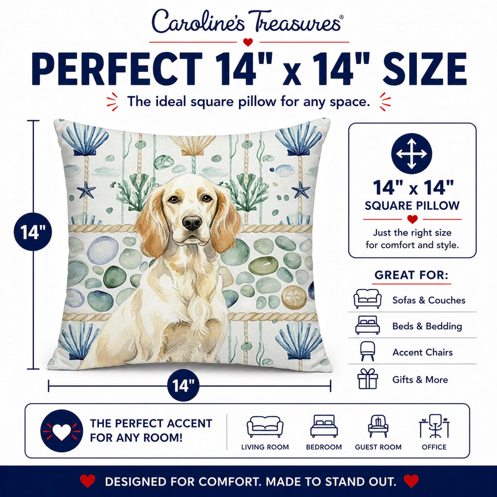 Lemon Belton English Setter Coastal Sea Glass Decorative Throw Pillow 14x14 Indoor Outdoor Accent Cushion, Fabric Cover with Insert for Sofa, Bed, Porch & Living Room