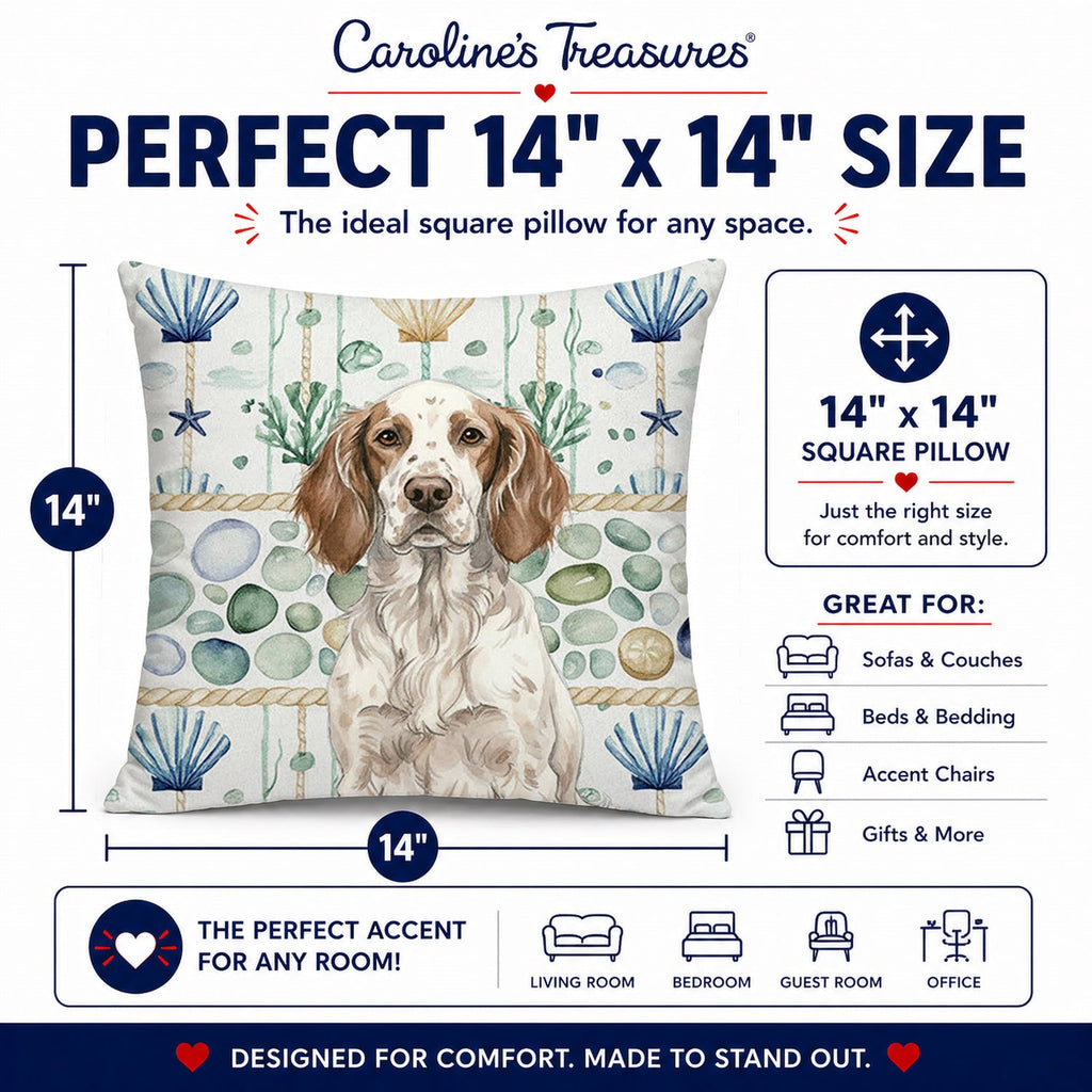Liver Belton English Setter Coastal Sea Glass Decorative Throw Pillow 14x14 Indoor Outdoor Accent Cushion, Fabric Cover with Insert for Sofa, Bed, Porch & Living Room