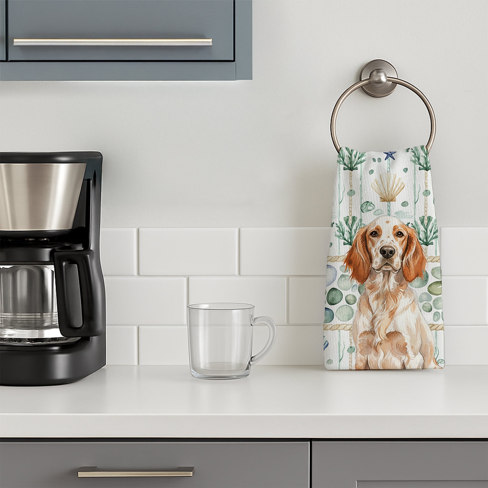 Orange Belton English Setter Coastal Sea Glass Kitchen Towel Velour Plush Front and Cotton Loop Back Machine Washable