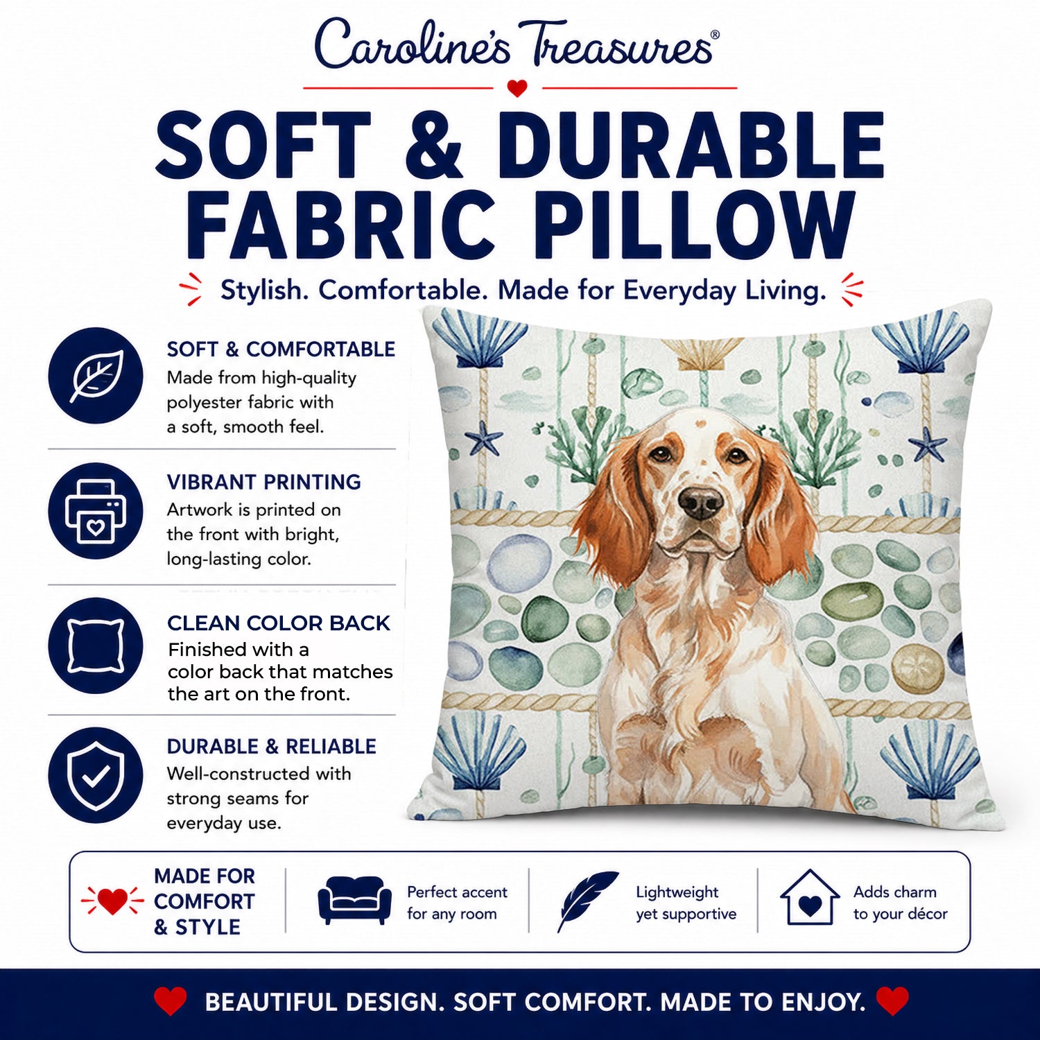 Orange Belton English Setter Coastal Sea Glass Decorative Throw Pillow 18x18 Indoor Outdoor Accent Cushion, Fabric Cover with Insert for Sofa, Bed, Porch & Living Room
