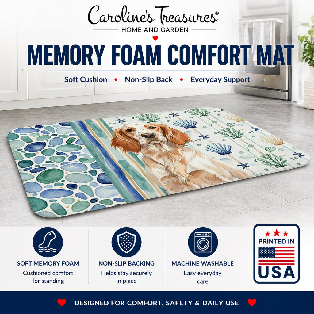 Orange Belton English Setter Coastal Sea Glass Memory Foam Kitchen Mat Machine Washable Anti-Fatigue Cushion Comfort Bath or Kitchen Rug