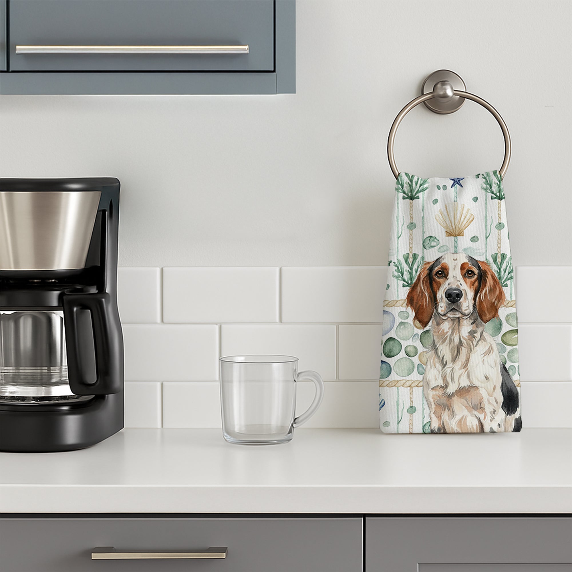 Tricolor English Setter Coastal Sea Glass Kitchen Towel Velour Plush Front and Cotton Loop Back Machine Washable