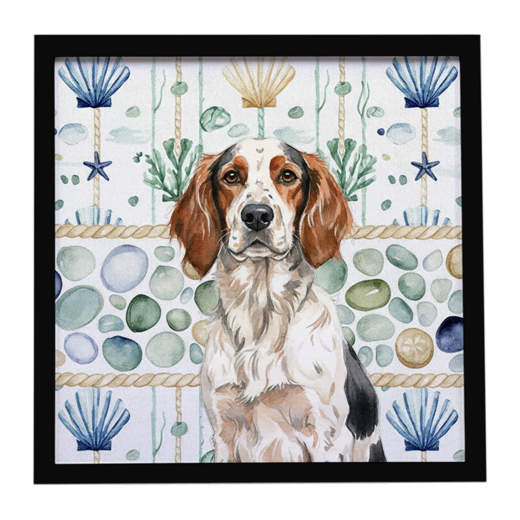 Tricolor English Setter Coastal Sea Glass Framed Metal Print Bathroom, Kitchen, Office, Home Decor Wall Art Ready to Hang, Square, 8X8