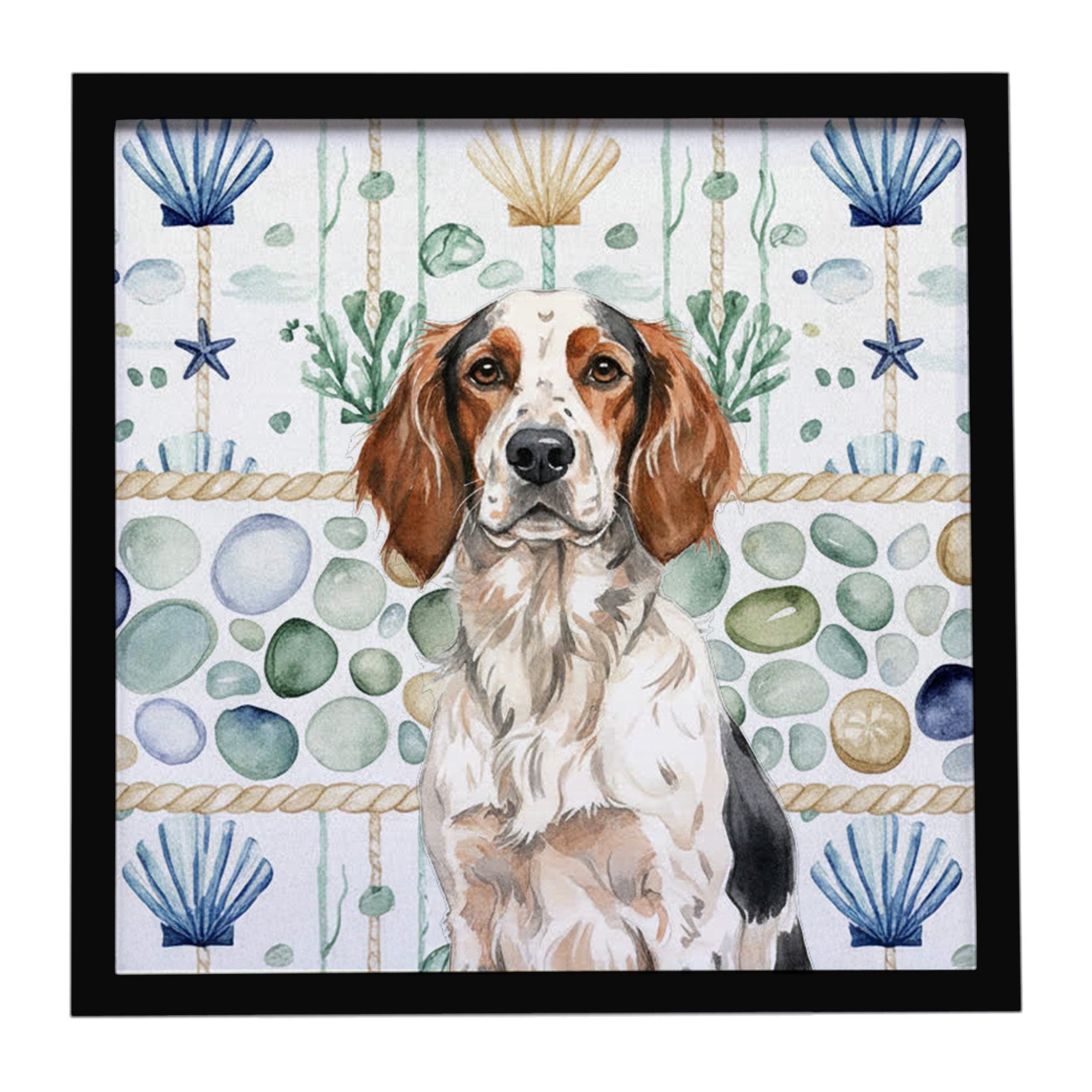 Tricolor English Setter Coastal Sea Glass Framed Metal Print Bathroom, Kitchen, Office, Home Decor Wall Art Ready to Hang, Square, 8X8