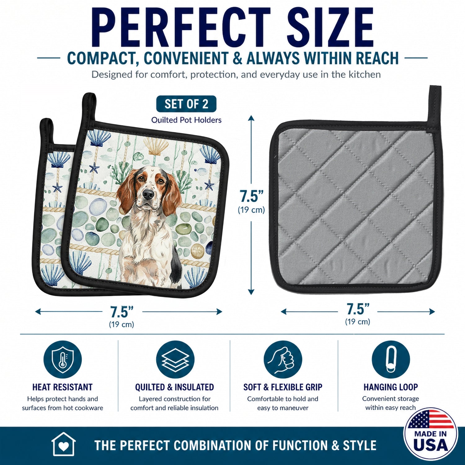 Tricolor English Setter Coastal Sea Glass Pot Holder Set of 2 Heat Resistant Quilted Hot Pads 7.5 x 7.5 Inch, Insulated Kitchen Trivets for Cooking & Baking