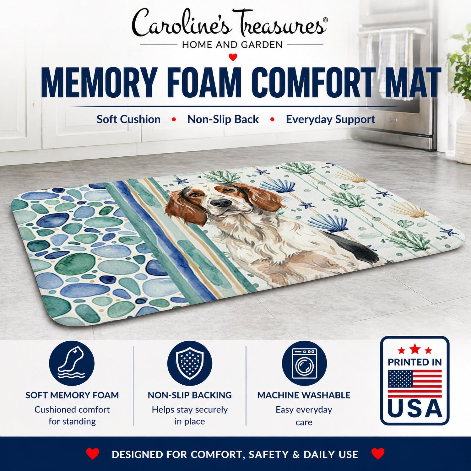Tricolor English Setter Coastal Sea Glass Memory Foam Kitchen Mat Machine Washable Anti-Fatigue Cushion Comfort Bath or Kitchen Rug