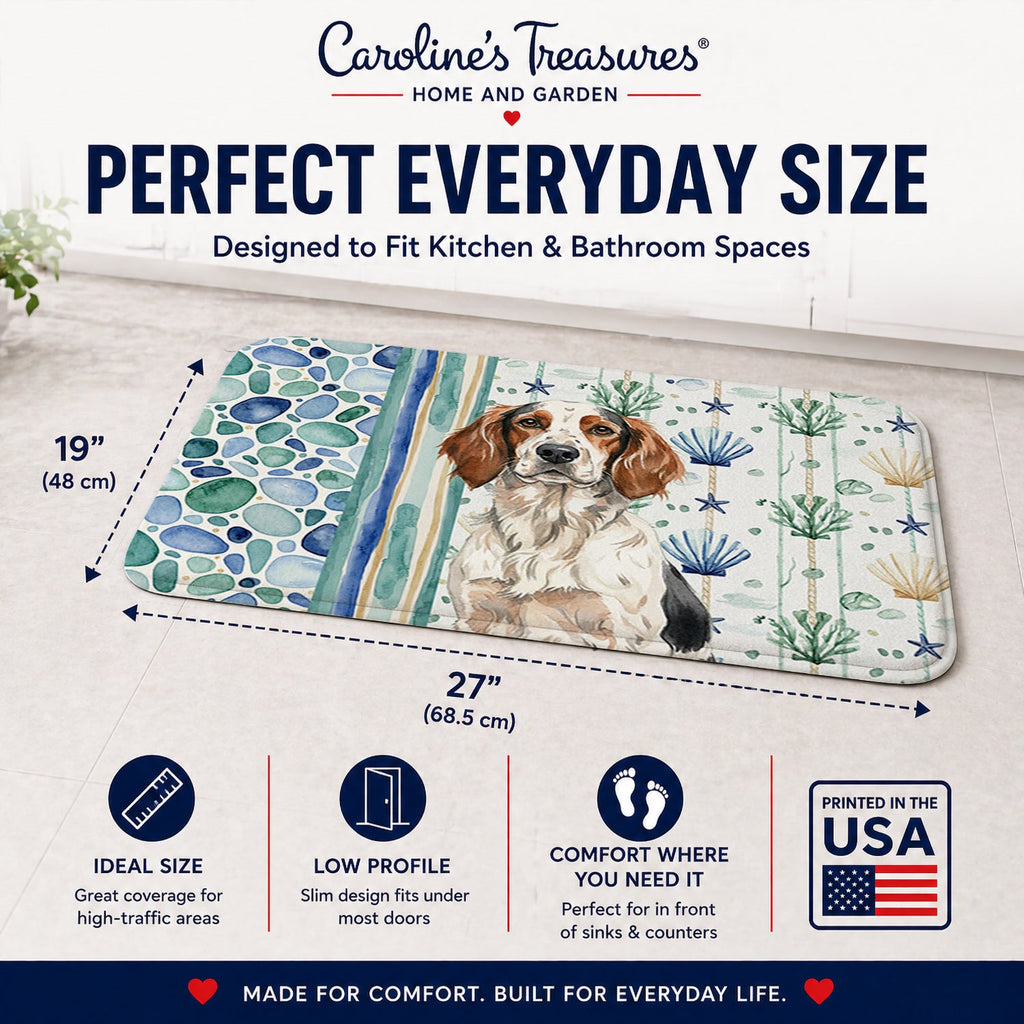 Tricolor English Setter Coastal Sea Glass Memory Foam Kitchen Mat Machine Washable Anti-Fatigue Cushion Comfort Bath or Kitchen Rug