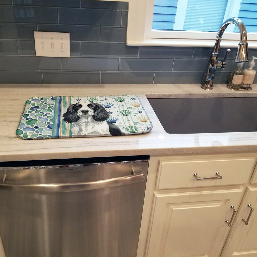 Black and White English Springer Spaniel Coastal Sea Glass Dish Drying Mat Absorbent Dish Drying Mat Pad for Kitchen Counter Dish Drainer Mat for Countertop, 14 x 21", Multicolor