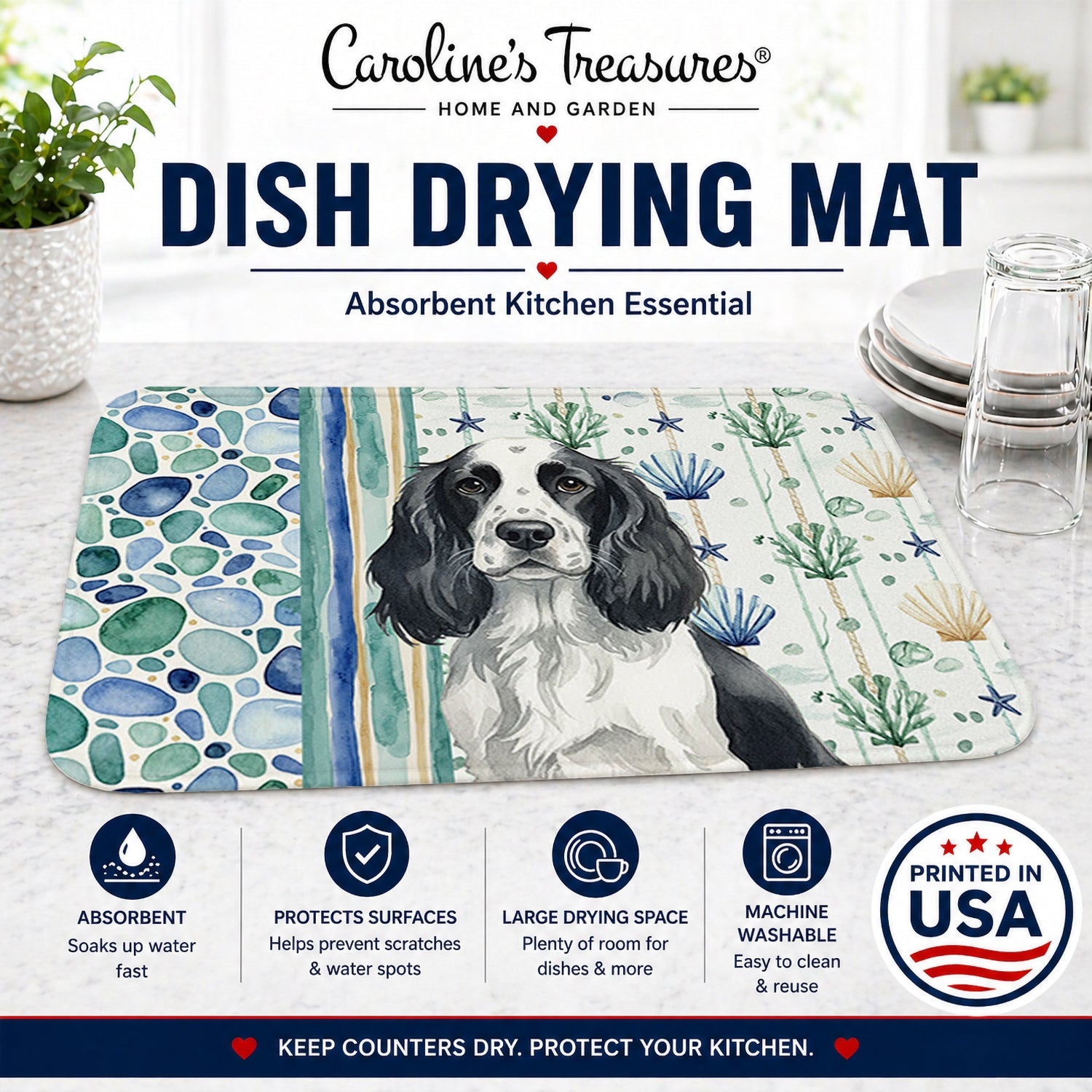 Black and White English Springer Spaniel Coastal Sea Glass Dish Drying Mat Absorbent Dish Drying Mat Pad for Kitchen Counter Dish Drainer Mat for Countertop, 14 x 21", Multicolor